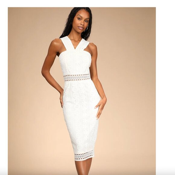 Lulus Cocktail Ready Ivory Crochet Lace Midi Dress White - Size M - Picture 1 of 5